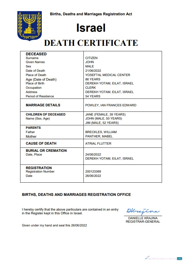 Download Israel death certificate Word and PDF template Photoshop template